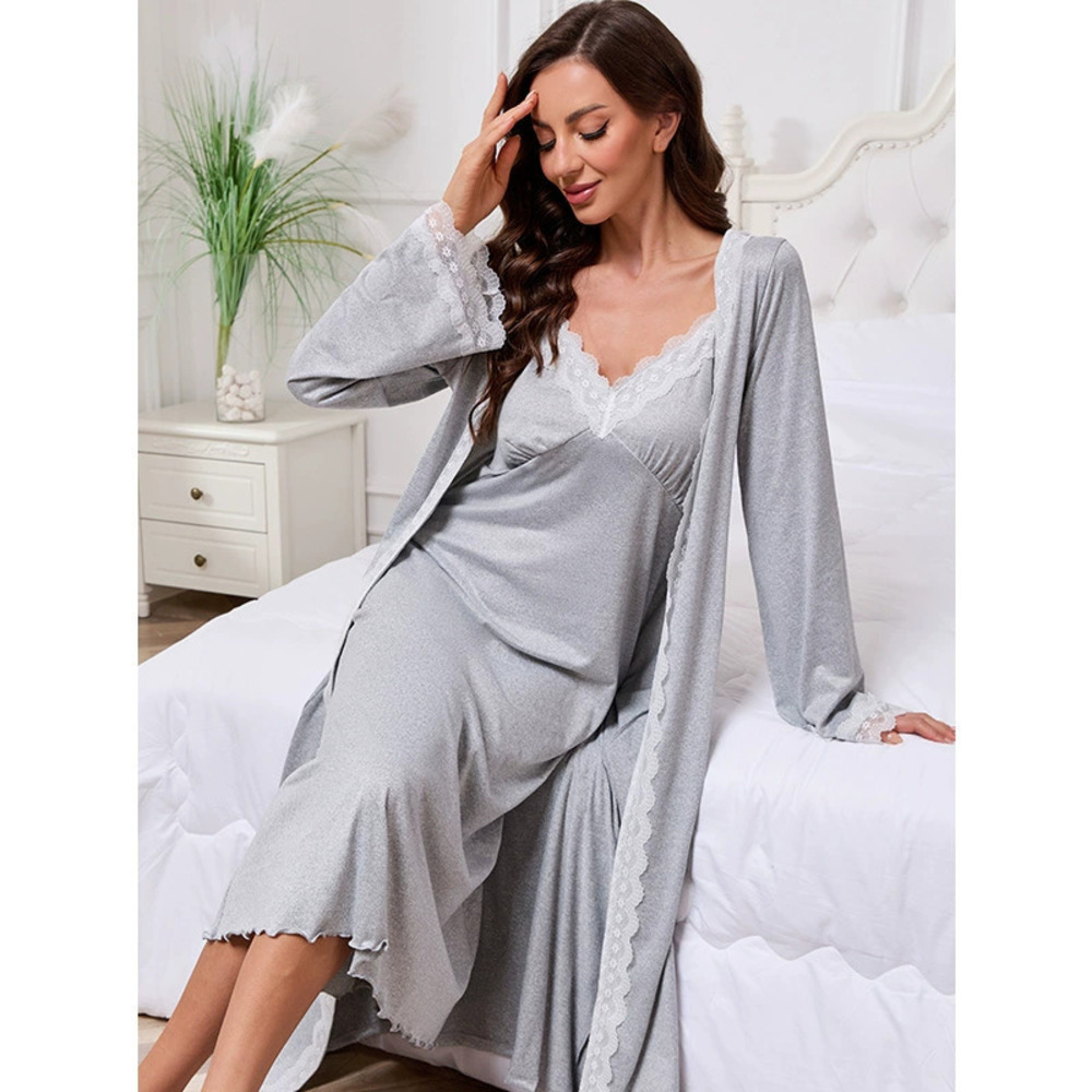 ZARA Sexy Deep V Lace Slip Dress and Robe Set